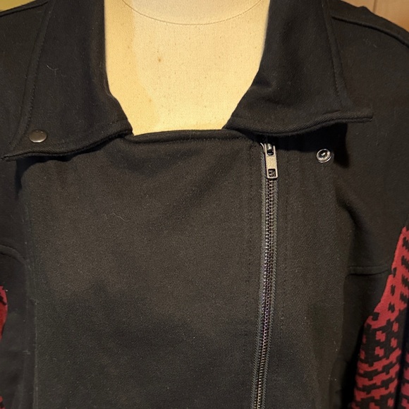 LuLaRoe Black Bomber Jacket with Burgundy Patterned Sleeves - Picture 2 of 4
